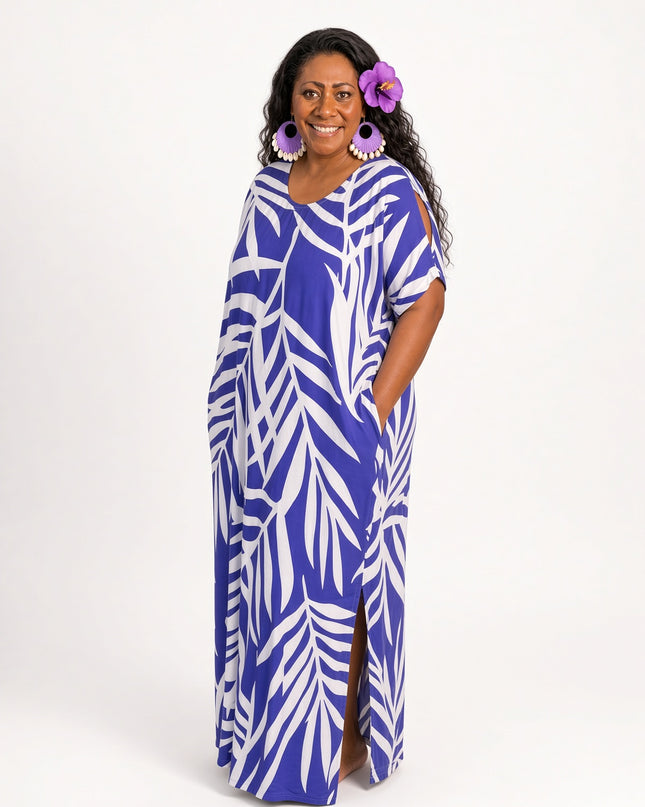 Purple Fern Print Short sleeves Maxi Dress with Pockets