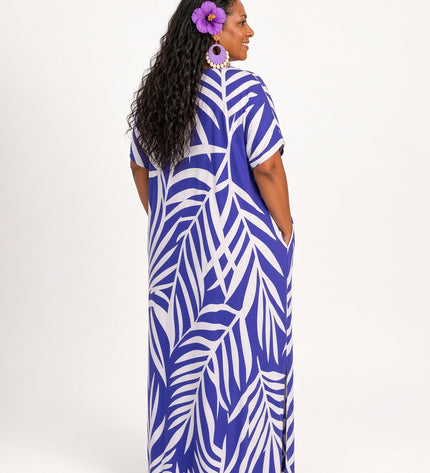 Purple Fern Print Short sleeves Maxi Dress with Pockets