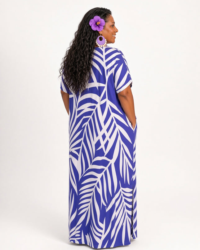 Purple Fern Print Short sleeves Maxi Dress with Pockets