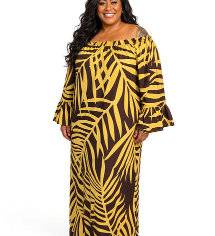 Golden Fern Print Off-Shoulder Bell Sleeve Maxi Dress