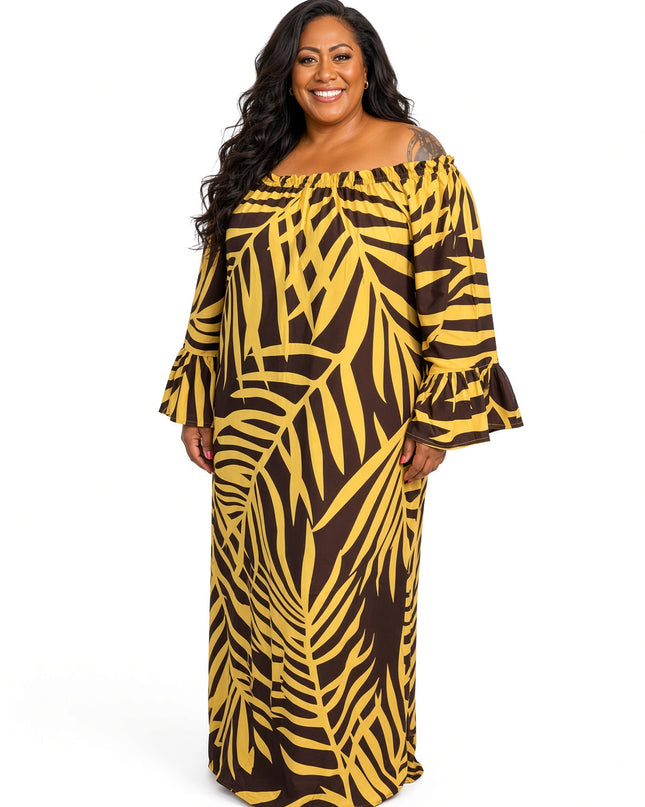 Golden Fern Print Off-Shoulder Bell Sleeve Maxi Dress