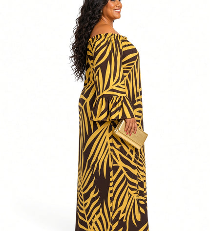 Golden Fern Print Off-Shoulder Bell Sleeve Maxi Dress