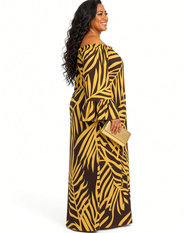 Golden Fern Print Off-Shoulder Bell Sleeve Maxi Dress