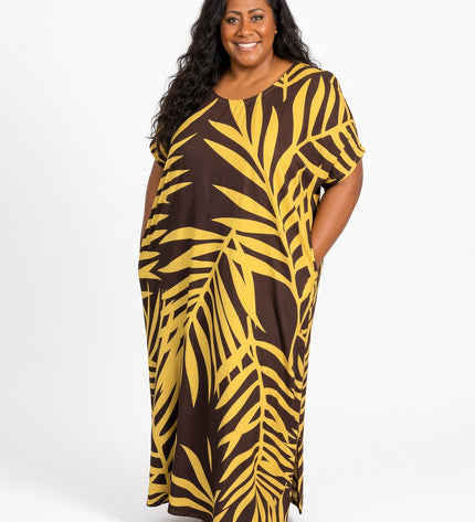 Golden Fern  Print Short Sleeve Maxi Dress with Pockets