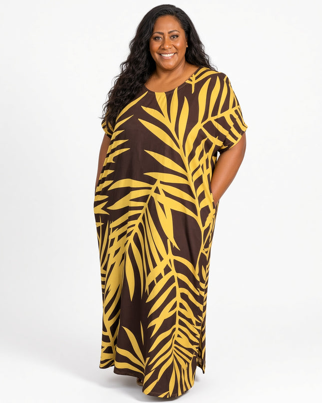 Golden Fern  Print Short Sleeve Maxi Dress with Pockets