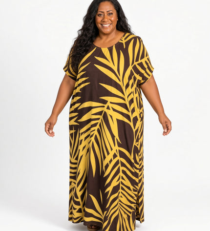 Golden Fern  Print Short Sleeve Maxi Dress with Pockets