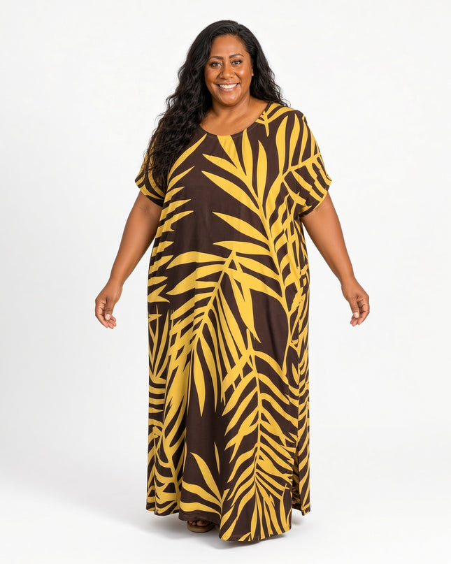 Golden Fern  Print Short Sleeve Maxi Dress with Pockets