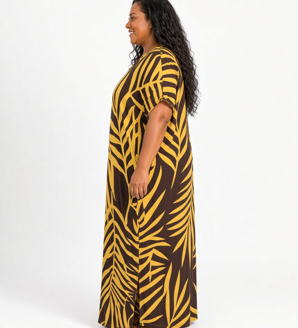 Golden Fern  Print Short Sleeve Maxi Dress with Pockets
