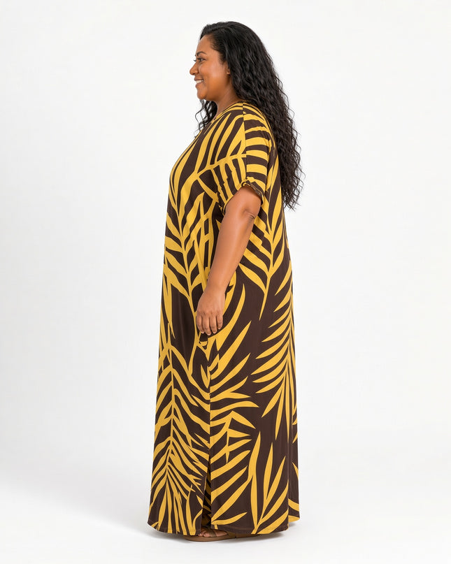 Golden Fern  Print Short Sleeve Maxi Dress with Pockets