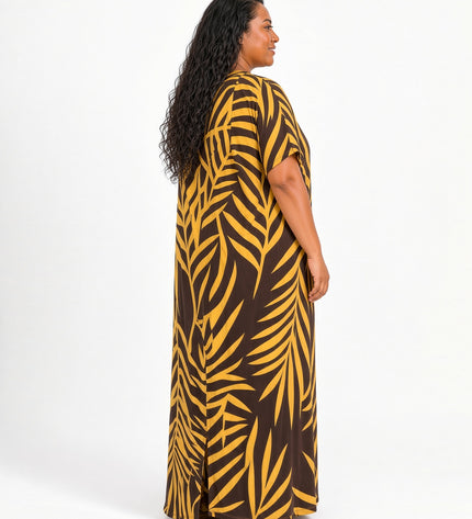 Golden Fern  Print Short Sleeve Maxi Dress with Pockets