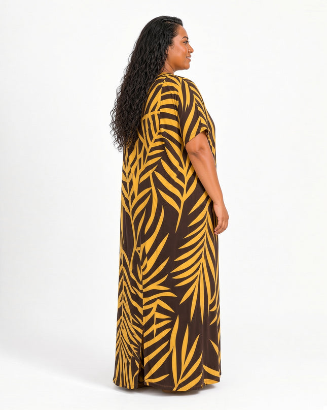 Golden Fern  Print Short Sleeve Maxi Dress with Pockets