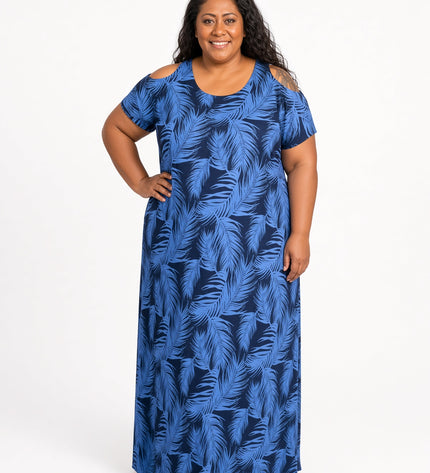 Blue Fern Print Cold Shoulder Maxi Dress
