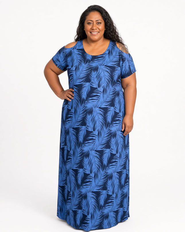 Blue Fern Print Cold Shoulder Maxi Dress