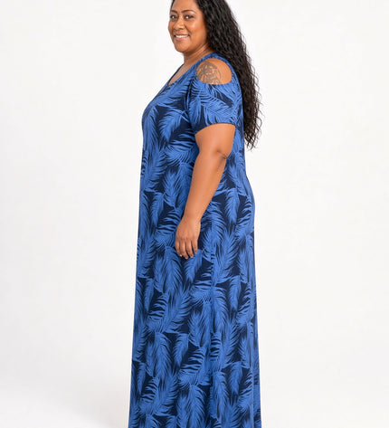 Blue Fern Print Cold Shoulder Maxi Dress