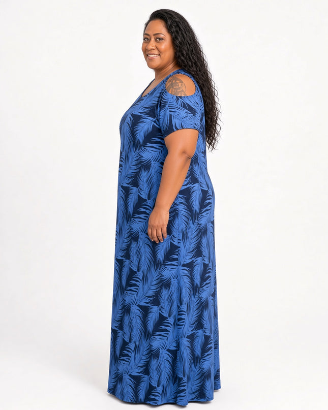 Blue Fern Print Cold Shoulder Maxi Dress
