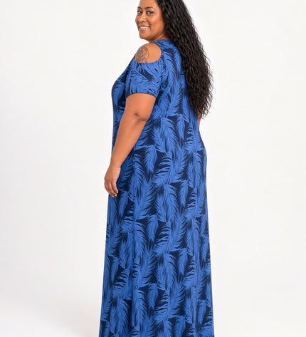 Blue Fern Print Cold Shoulder Maxi Dress