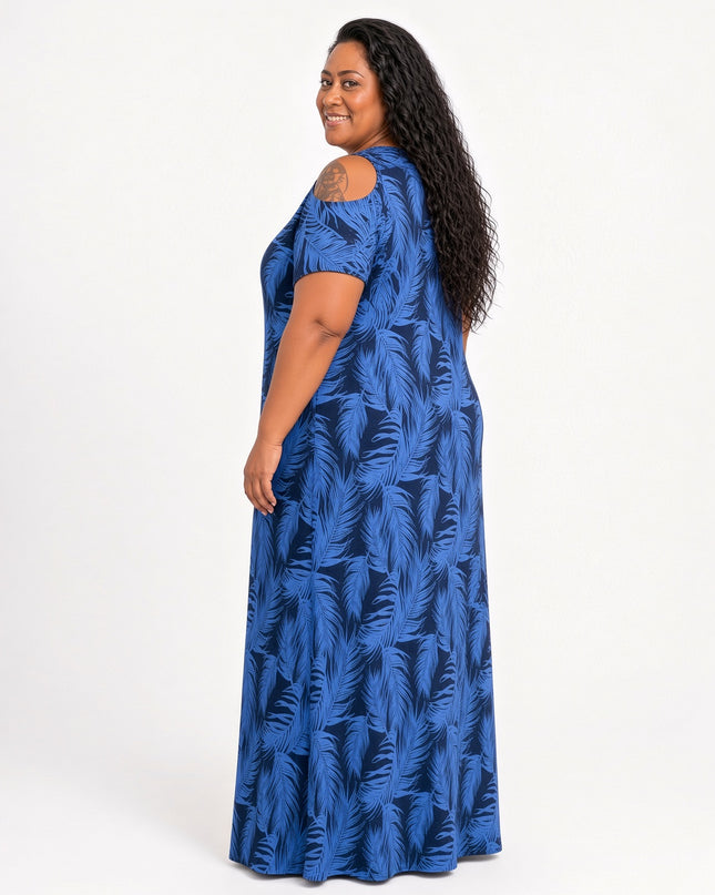 Blue Fern Print Cold Shoulder Maxi Dress
