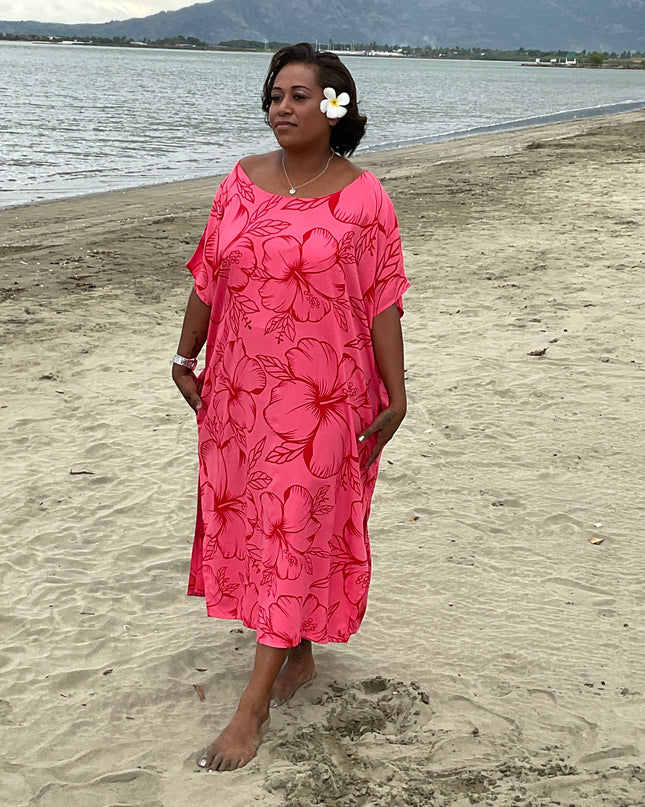 Pink hibiscus round neck long dress