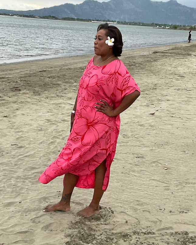 Pink hibiscus round neck long dress
