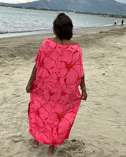 Pink hibiscus round neck long dress
