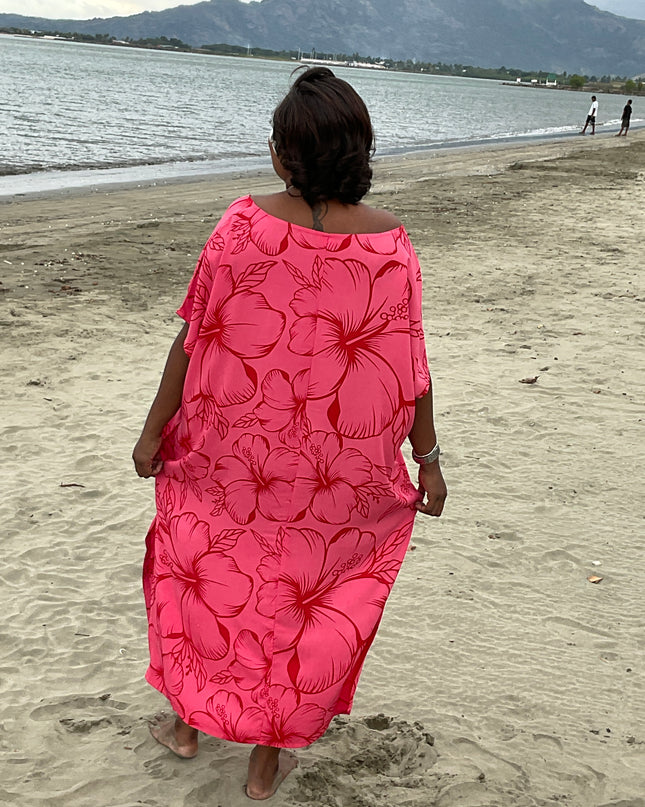 Pink hibiscus round neck long dress