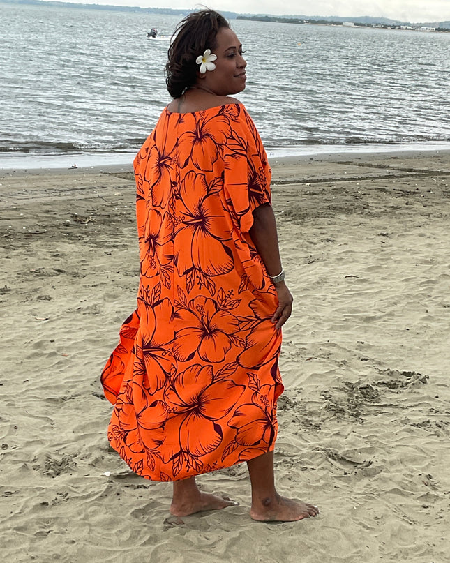 Orange round neck hibiscus long dress