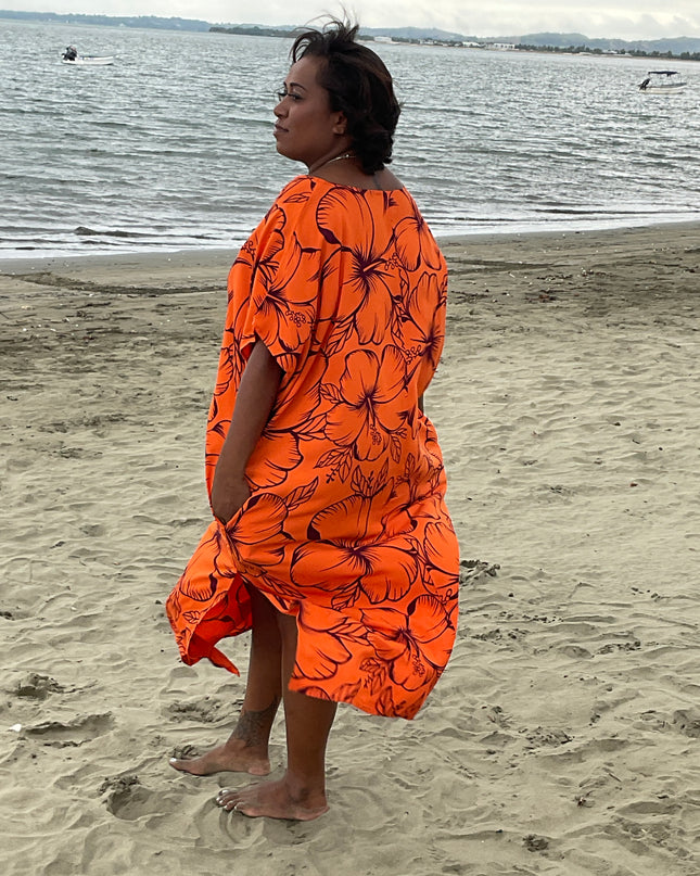 Orange round neck hibiscus long dress
