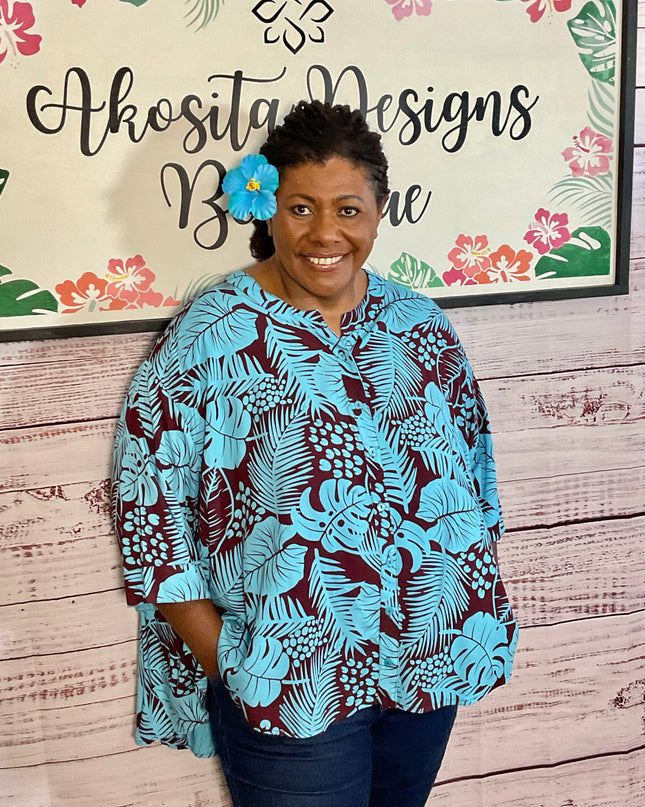 Button-Up Rayon Top-Turquoise and Maroon