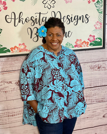 Button-Up Rayon Top-Turquoise and Maroon