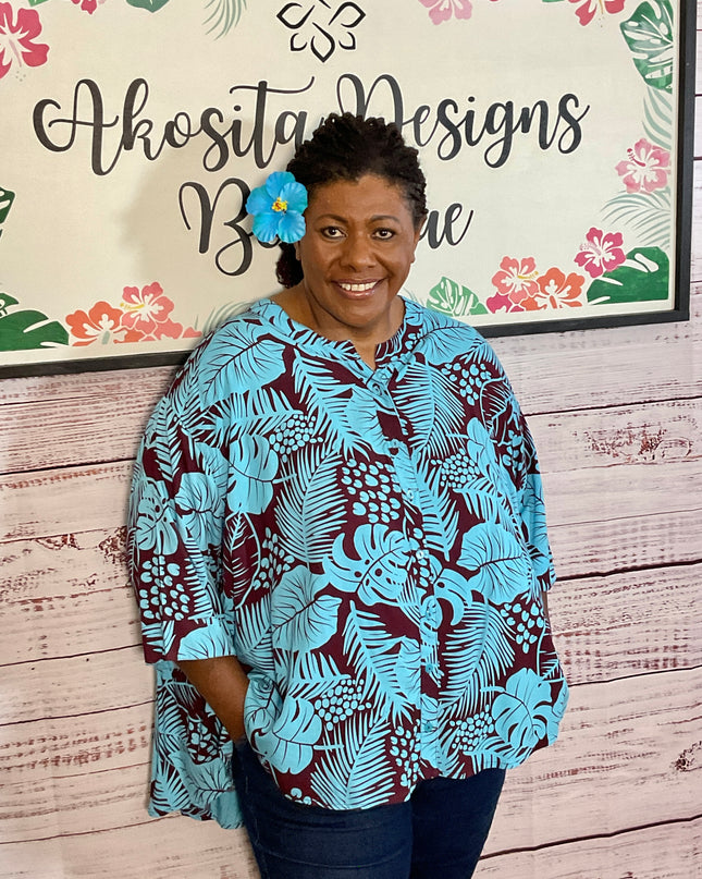 Button-Up Rayon Top-Turquoise and Maroon