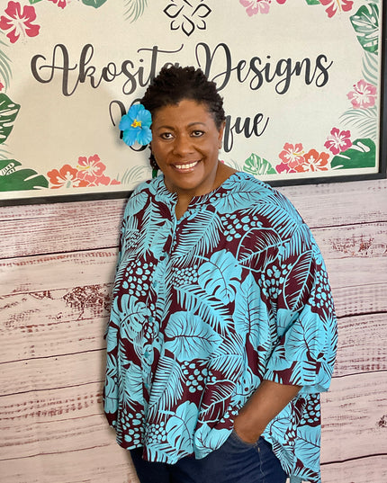 Button-Up Rayon Top-Turquoise and Maroon