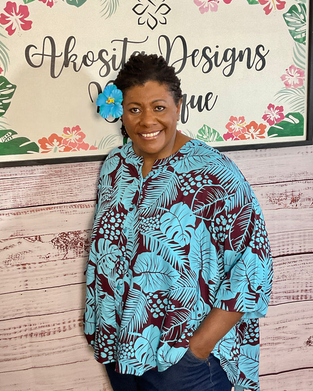 Button-Up Rayon Top-Turquoise and Maroon