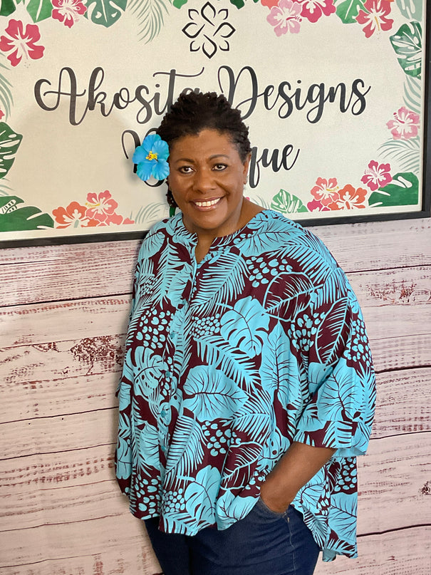 Button-Up Rayon Top-Turquoise and Maroon