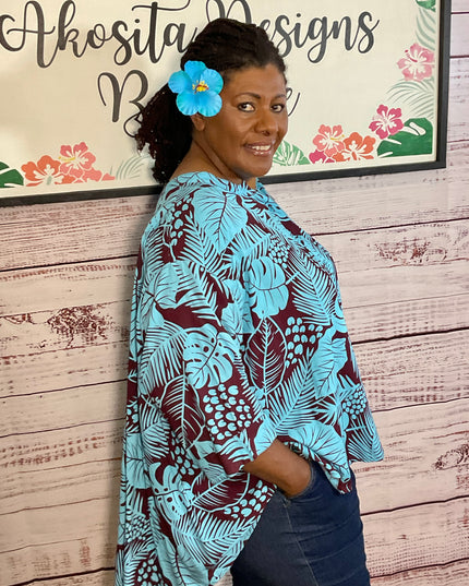 Button-Up Rayon Top-Turquoise and Maroon