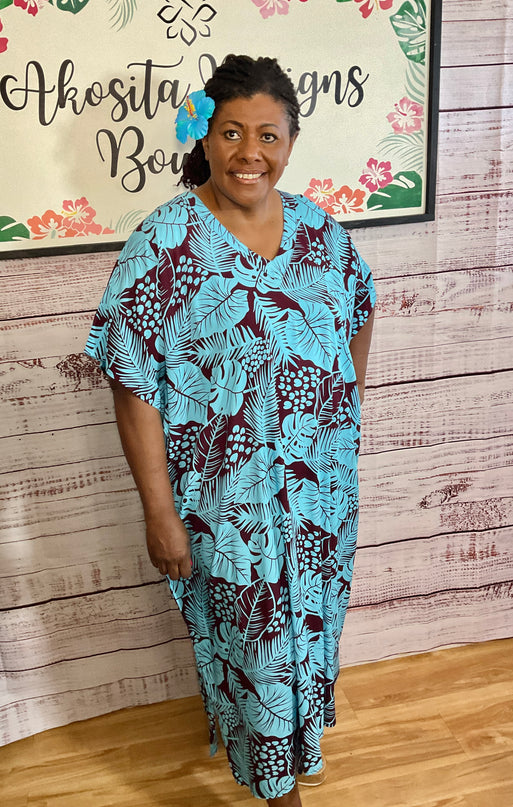 Tropical Breeze V-neck Kaftan Dress-Blue & Maroon