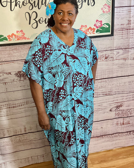 Tropical Breeze V-neck Kaftan Dress-Blue & Maroon