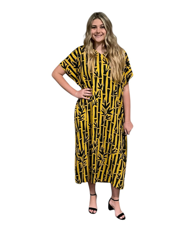 Round neck bamboo print long dress