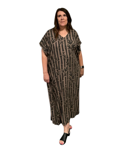 V-NECK BAMBOO PRINT  LONG KAFTAN DRESS