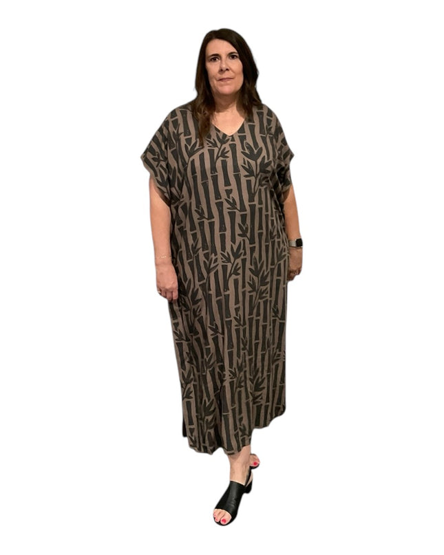 V-NECK BAMBOO PRINT  LONG KAFTAN DRESS