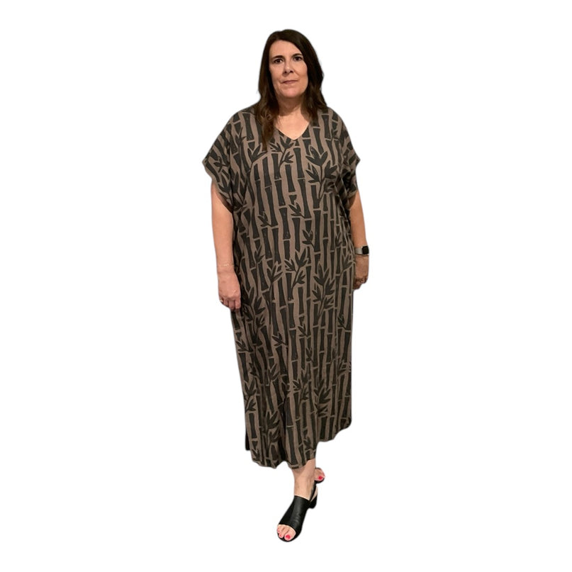 V-NECK BAMBOO PRINT  LONG KAFTAN DRESS