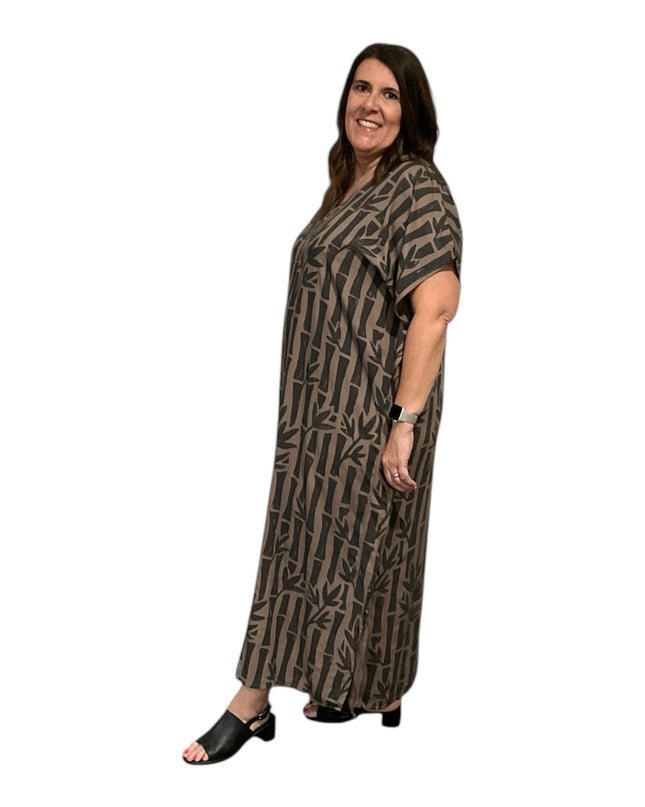 V-NECK BAMBOO PRINT  LONG KAFTAN DRESS