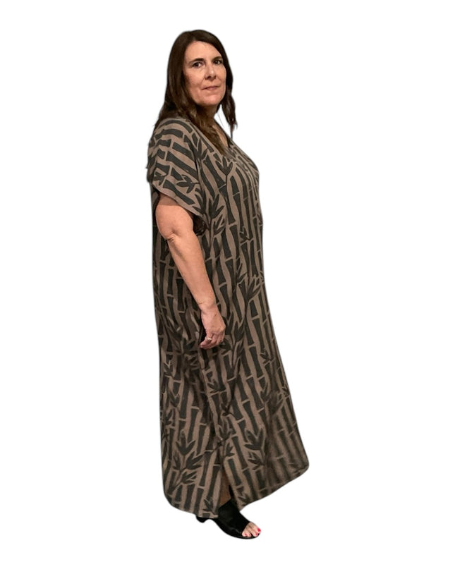 V-NECK BAMBOO PRINT  LONG KAFTAN DRESS