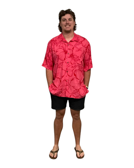 Pink hibiscus print men's shirt