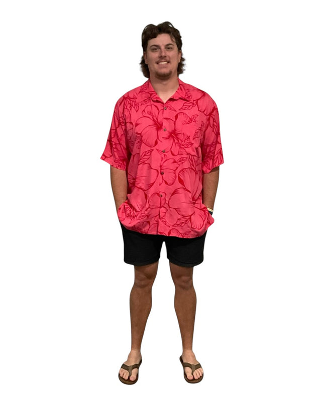 Pink hibiscus print men's shirt