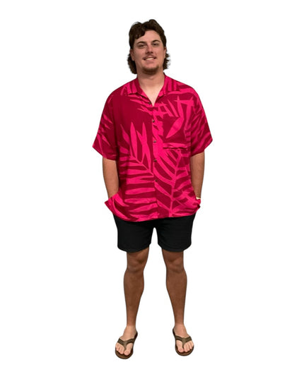 Pink on red fern print men's shirt