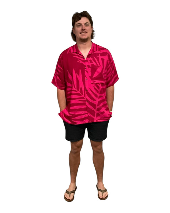 Pink on red fern print men's shirt