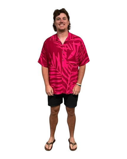 Pink on red fern print men's shirt