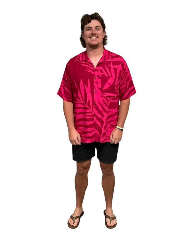 Pink on red fern print men's shirt