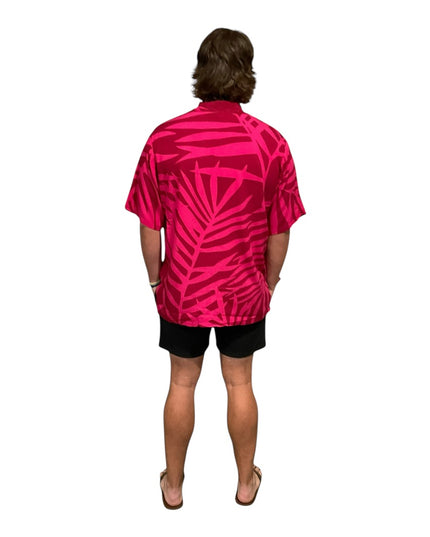 Pink on red fern print men's shirt