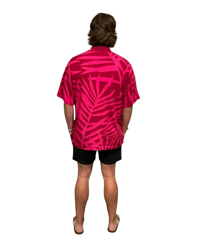 Pink on red fern print men's shirt